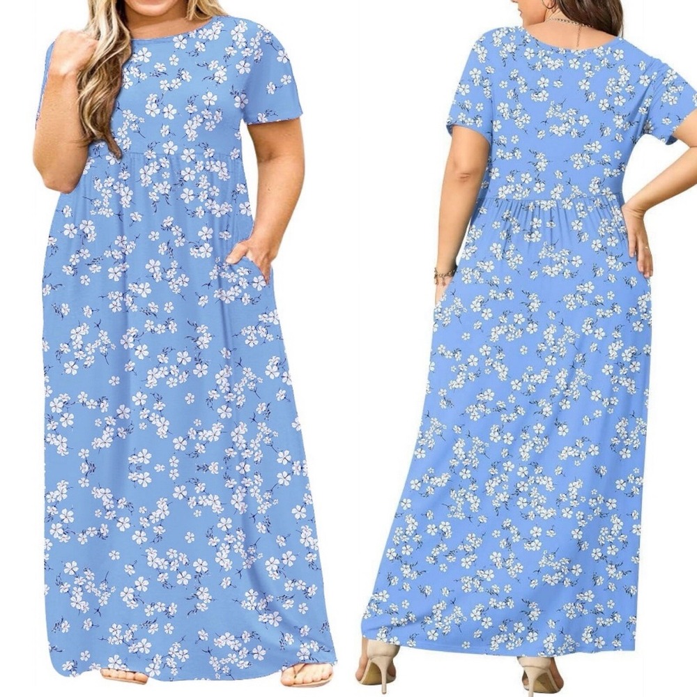 BISHUIGE Blue and White Ditsy Floral Print Dress Womens SZ 6XL Maxi Soft